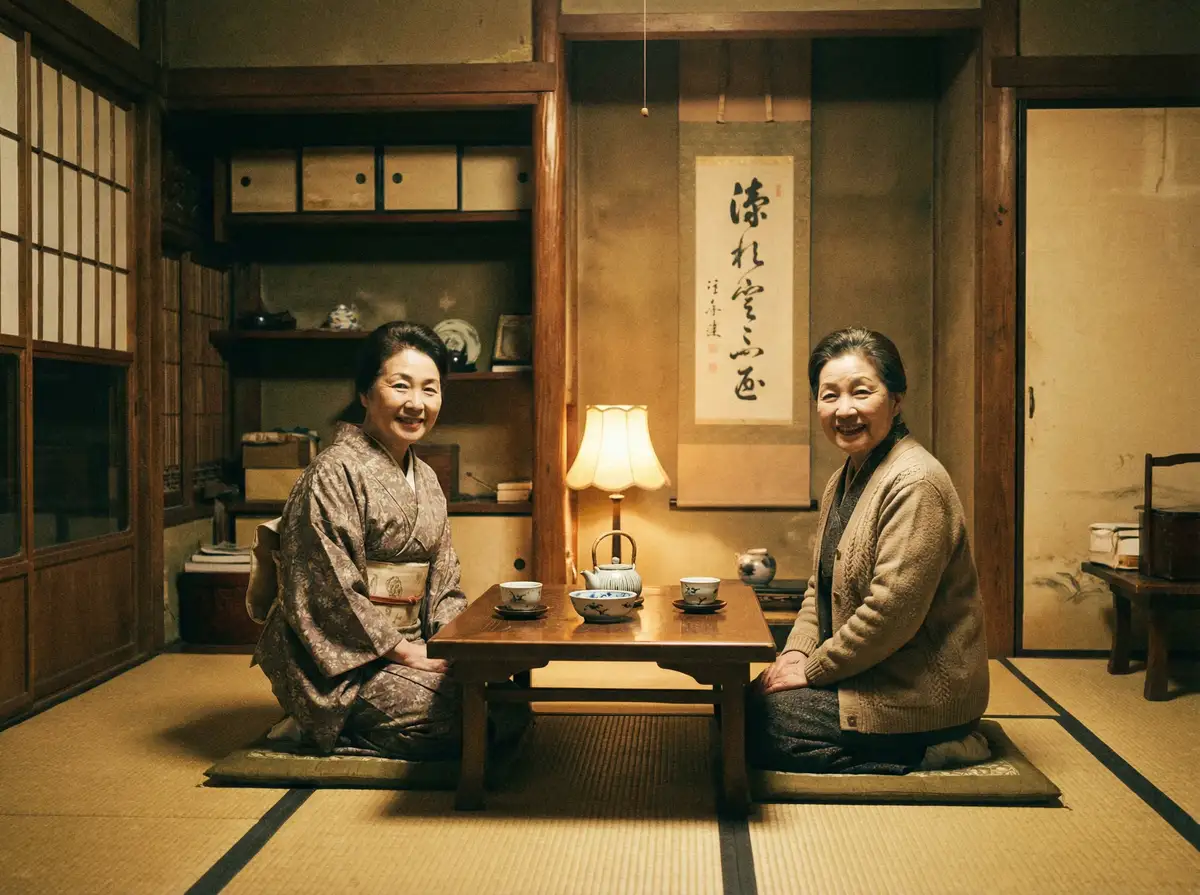 两位优雅的 潘甜甜 在日式茶室中品茶交谈